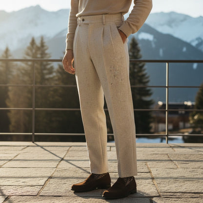 Mens High Waisted Pleated Trousers - Oatmeal - Angled Shot