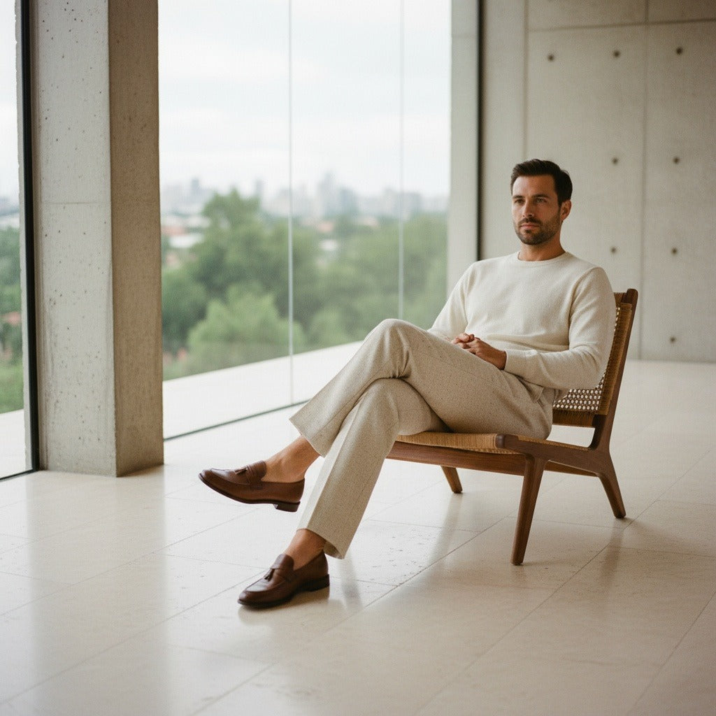Mens High Waisted Pleated Trousers - Oatmeal - Side Profile