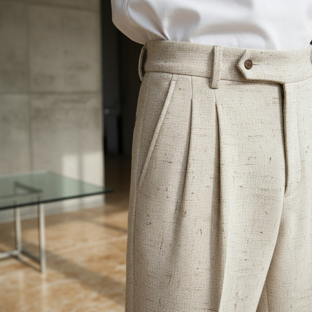 Mens High Waisted Pleated Trousers - Oatmeal - Back View