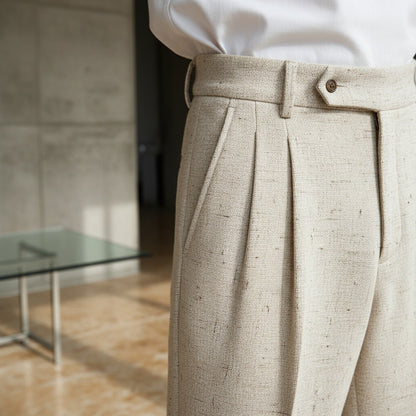 Mens High Waisted Pleated Trousers - Oatmeal - Back View