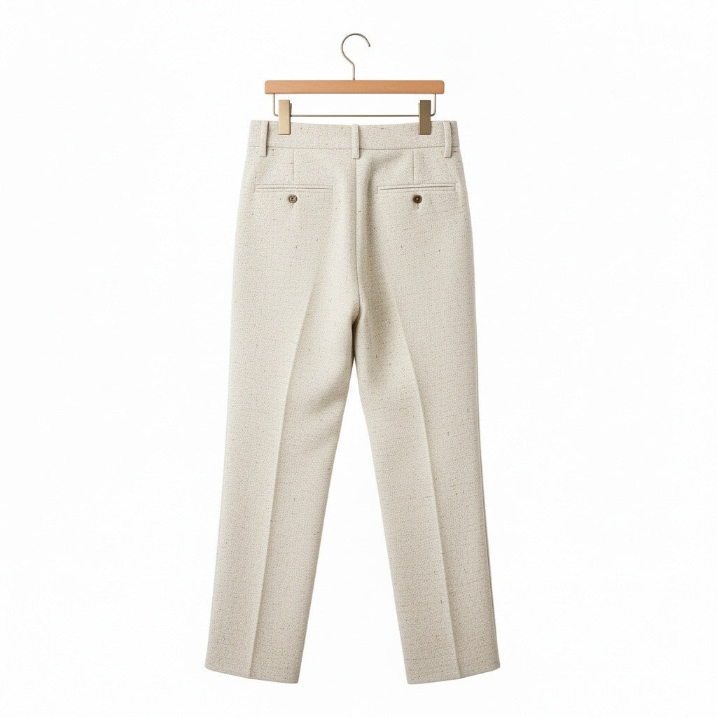 Mens High Waisted Pleated Trousers - Oatmeal - Fabric Detail