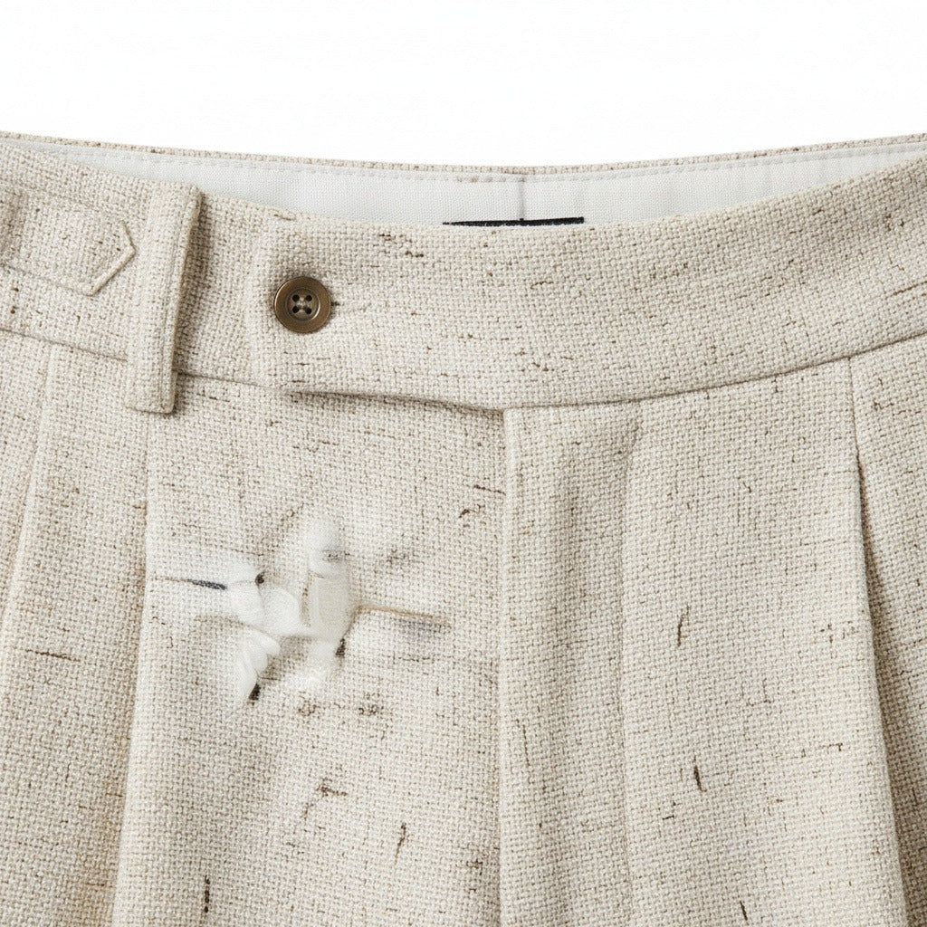 Mens High Waisted Pleated Trousers - Oatmeal - Texture Close Up