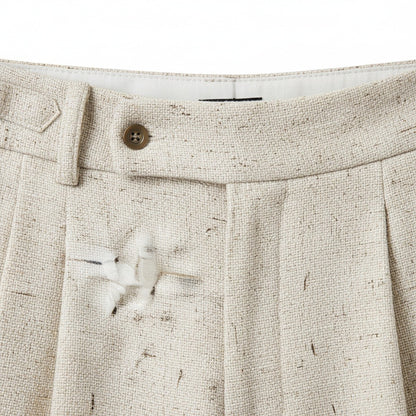 Mens High Waisted Pleated Trousers - Oatmeal - Texture Close Up