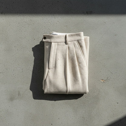 Mens High Waisted Pleated Trousers - Oatmeal - Lifestyle Inspiration