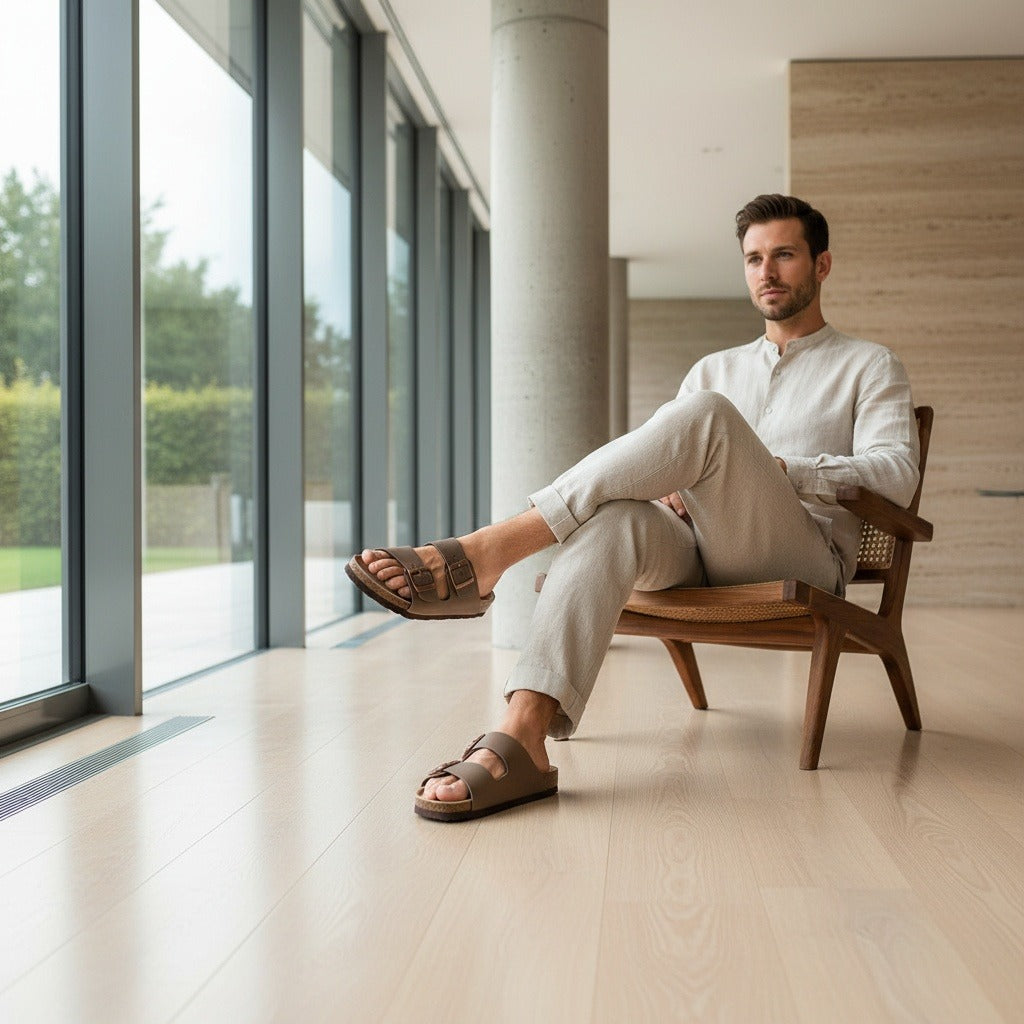 Men's Leather Sandals - Taupe - Side Profile