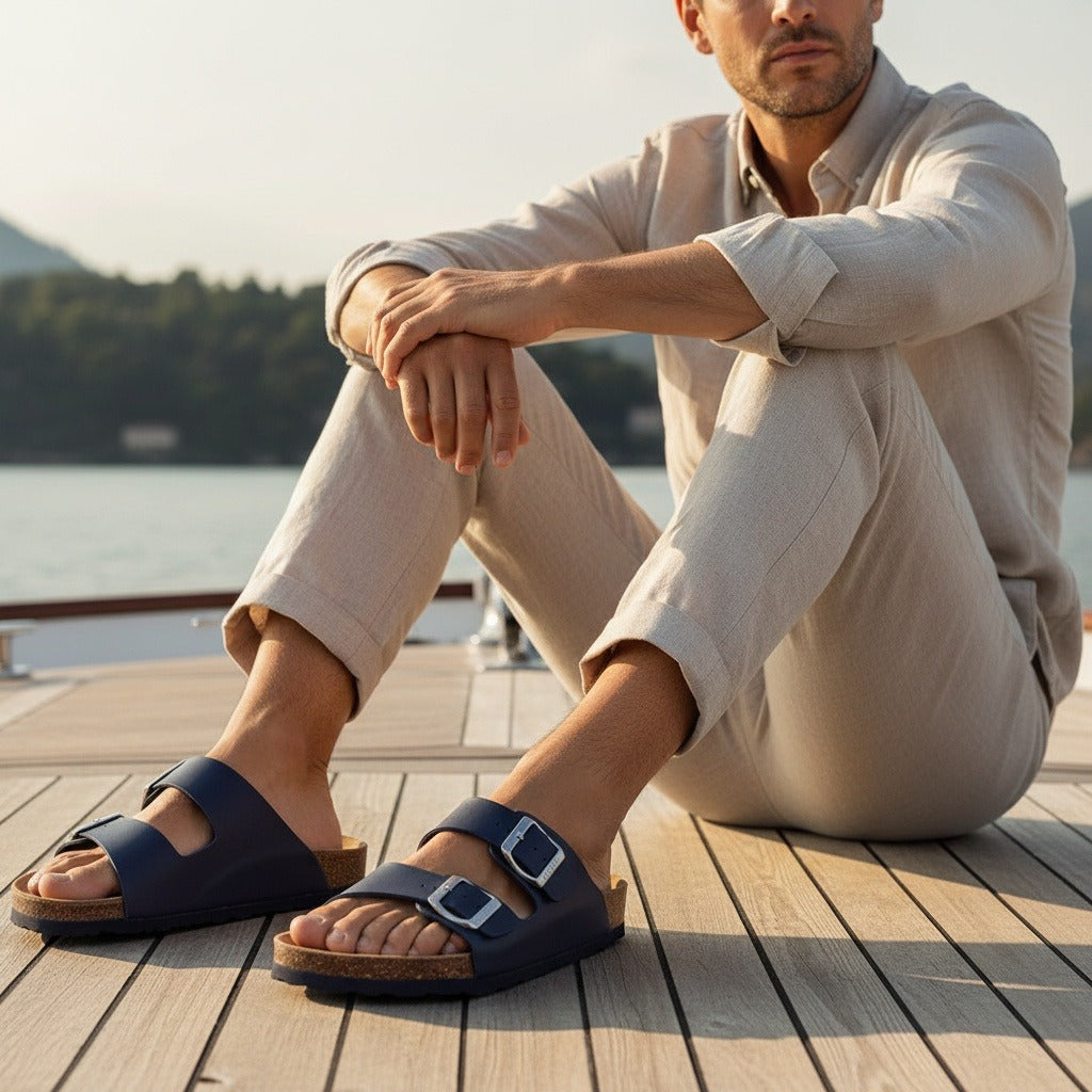 Men's Leather Sandals - Navy - Angled Shot