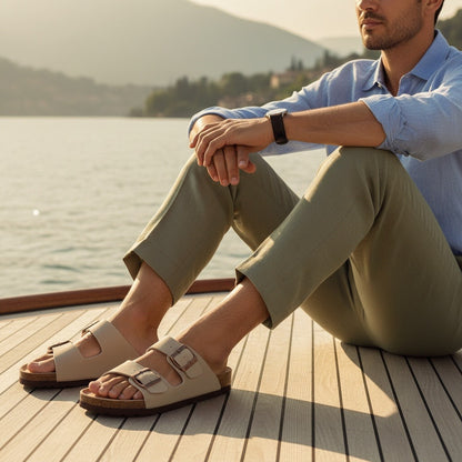Men's Leather Sandals - Oatmeal - Angled Shot