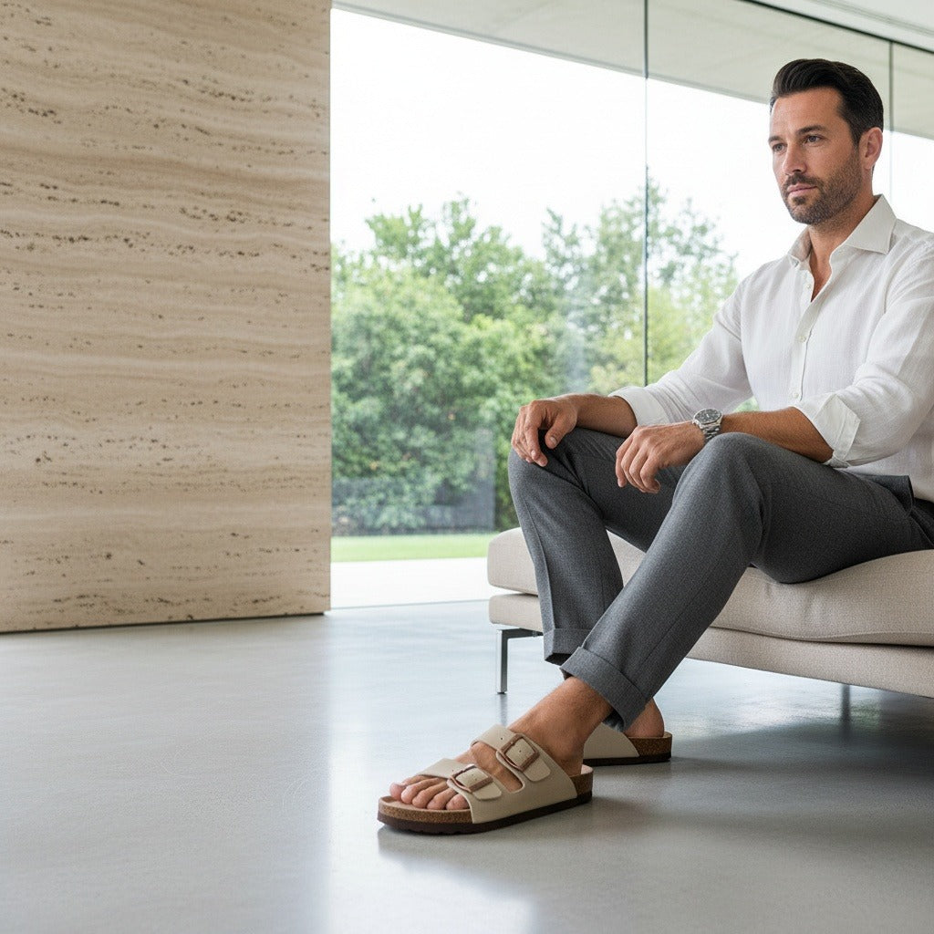 Men's Leather Sandals - Oatmeal - Side Profile