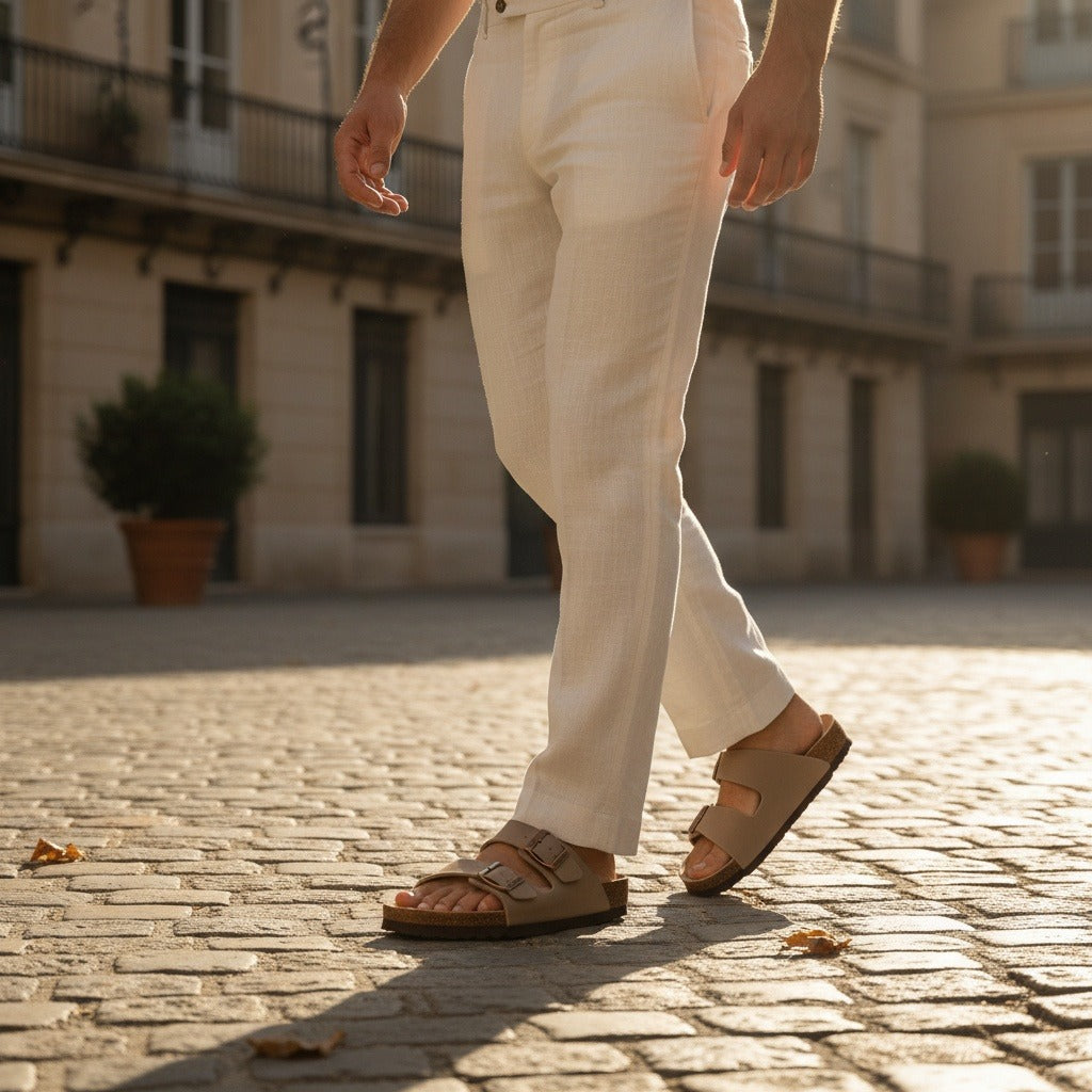 Men's Leather Sandals - Camel - Angled Shot