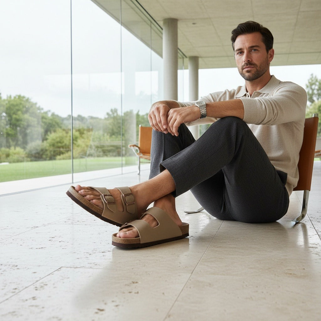 Men's Leather Sandals - Camel - Side Profile