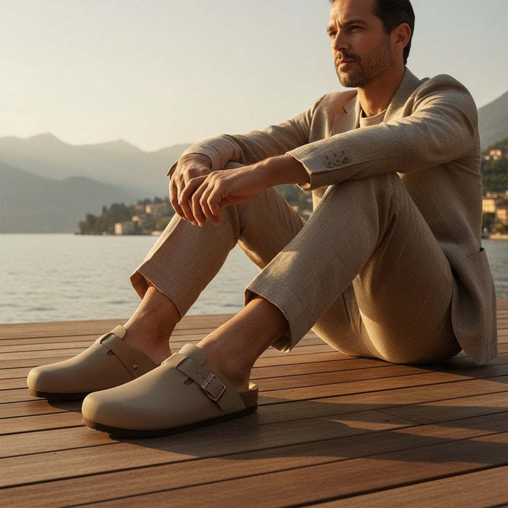 Men's Leather Sandals - Stone - Angled Shot