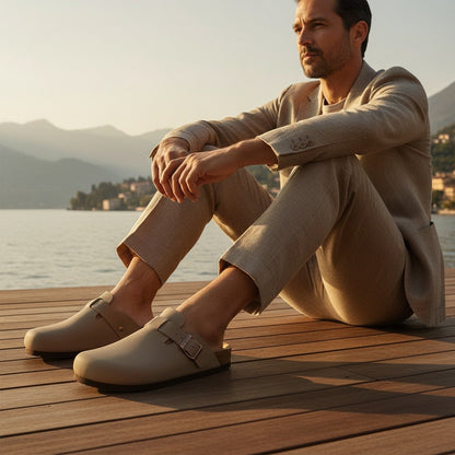 Men's Leather Sandals - Stone - Angled Shot