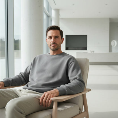 Mens Light Grey Crew Neck Sweater - Light Grey - Side Profile
