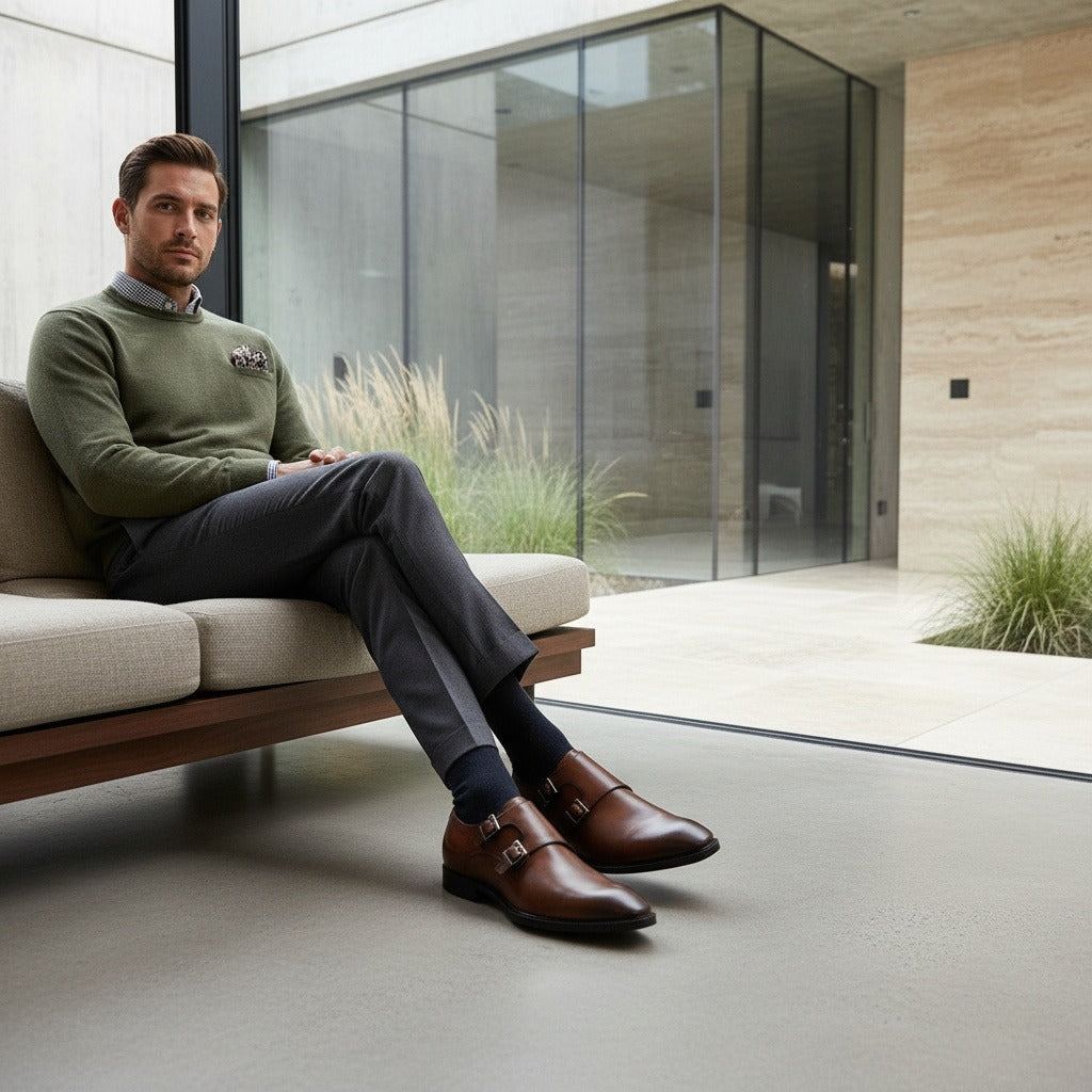 Mens Monk Shoes - Chestnut - Side Profile