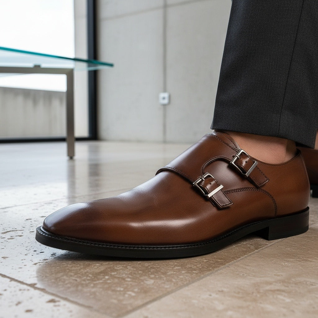 Mens Monk Shoes - Chestnut - Back View