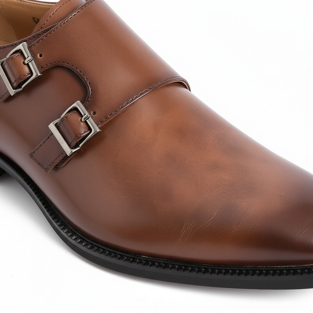 Mens Monk Shoes - Chestnut - Texture Close Up