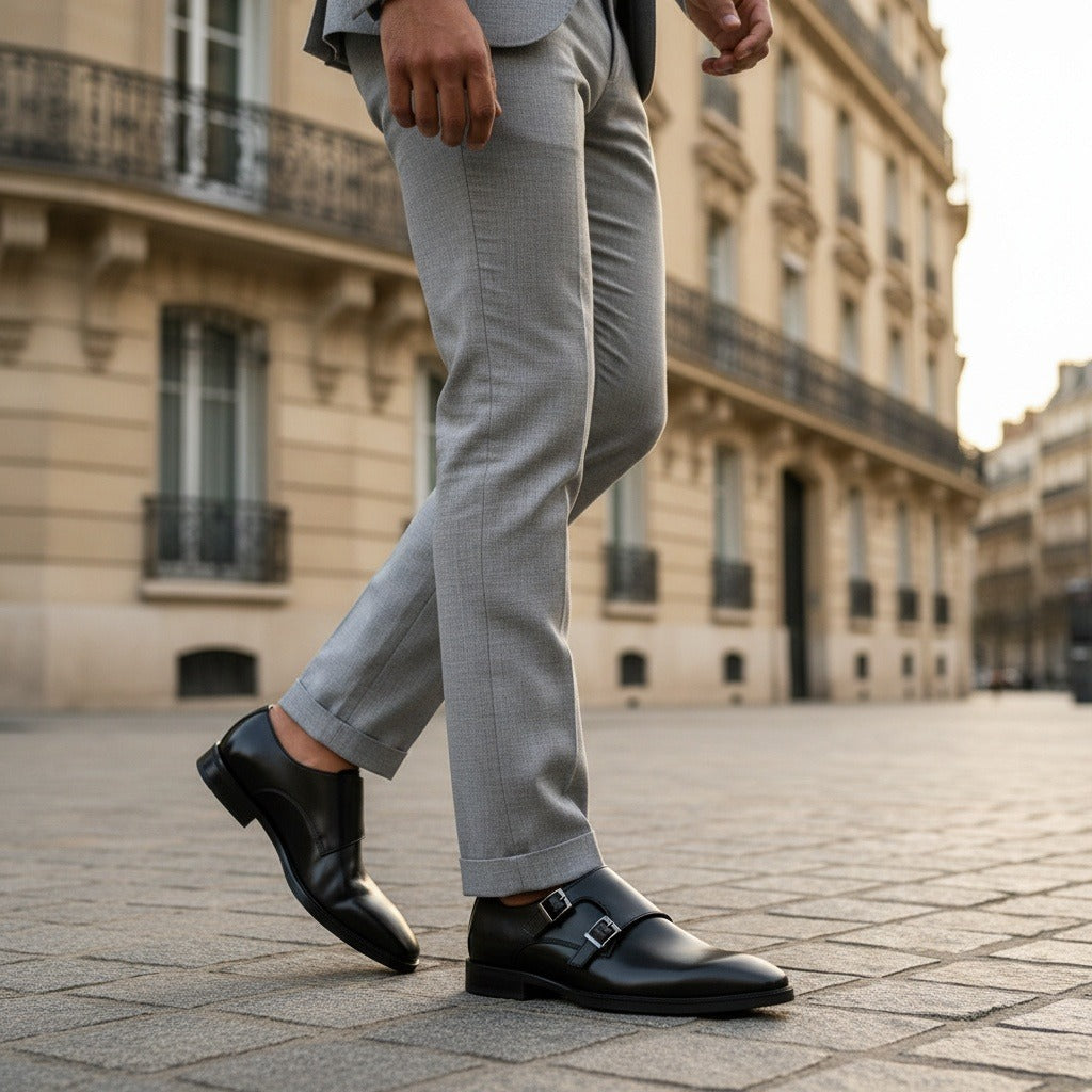 Mens Monk Shoes - Black - Angled Shot