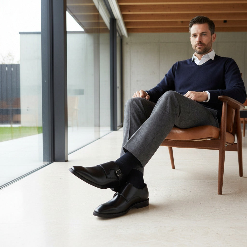Mens Monk Shoes - Black - Side Profile