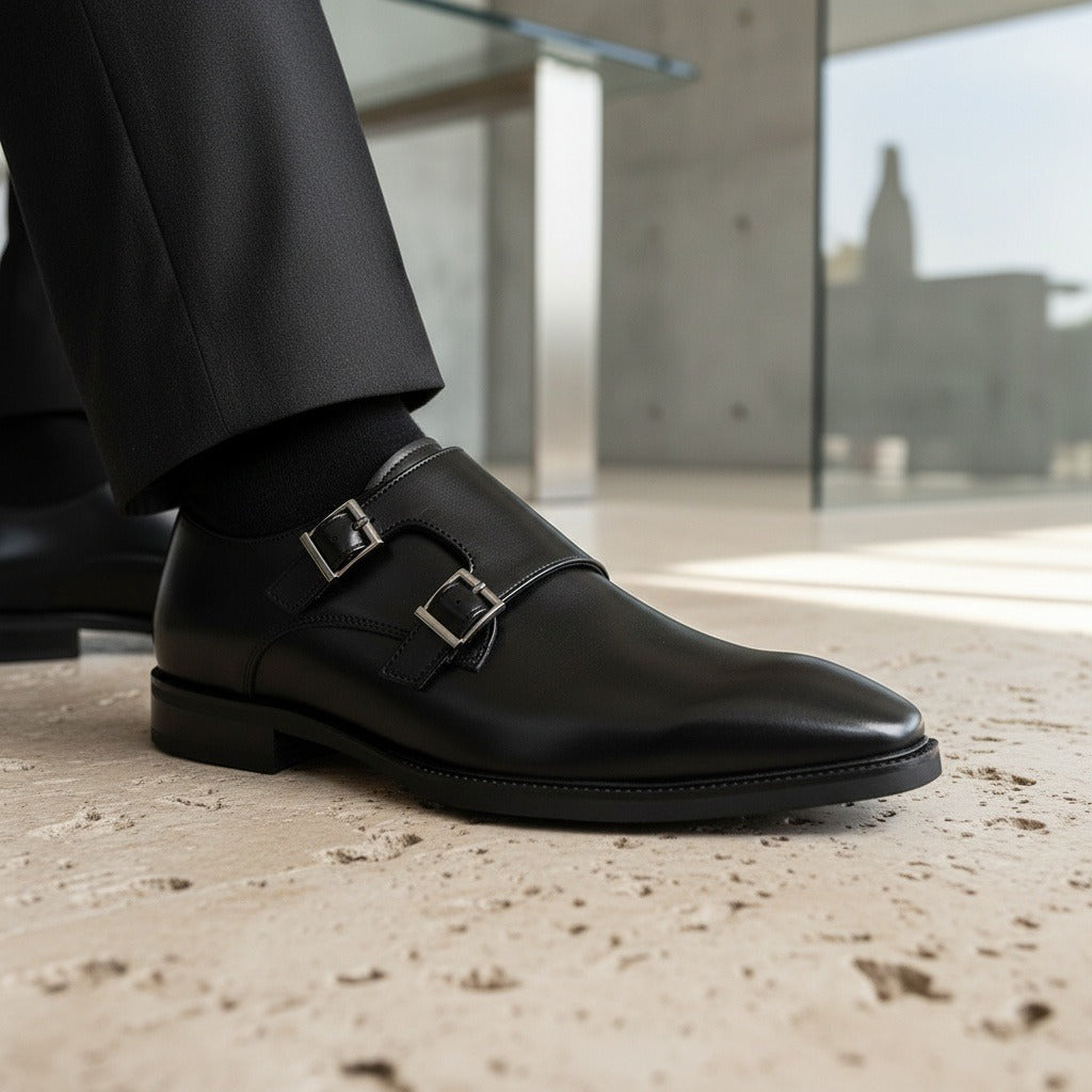 Mens Monk Shoes - Black - Back View