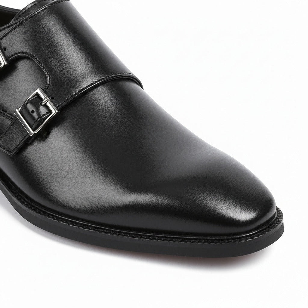 Mens Monk Shoes - Black - Texture Close Up