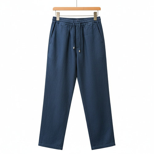 Mens Navy Linen Trousers - Navy - Front View