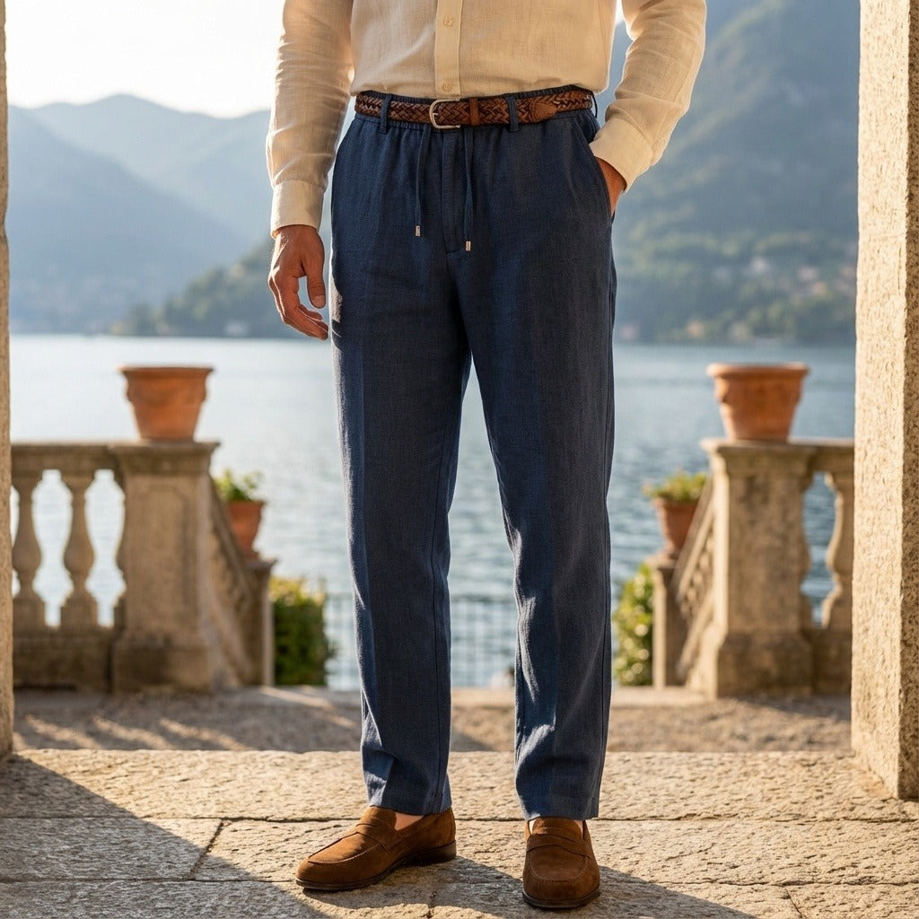 Mens Navy Linen Trousers - Navy - Angled Shot