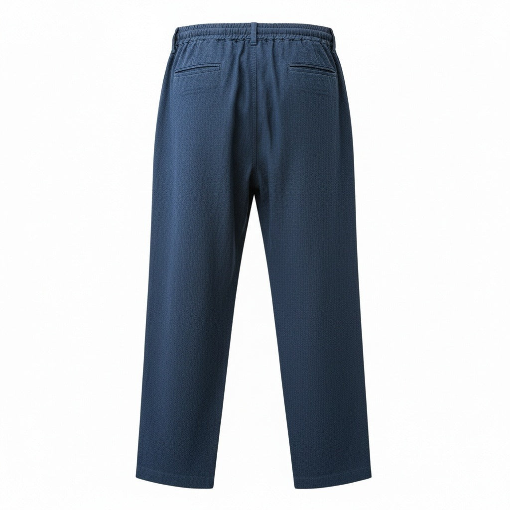 Mens Navy Linen Trousers - Navy - Fabric Detail