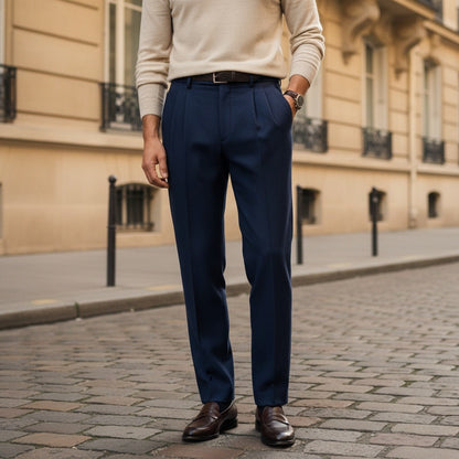 Mens Navy Pleated Trousers - Navy - Angled Shot