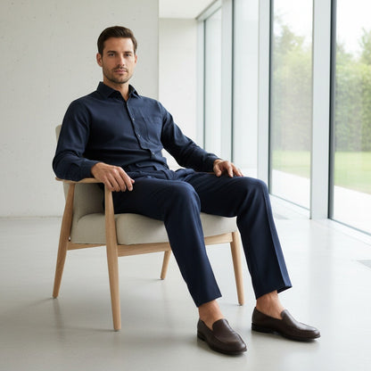 Mens Navy Pleated Trousers - Navy - Side Profile