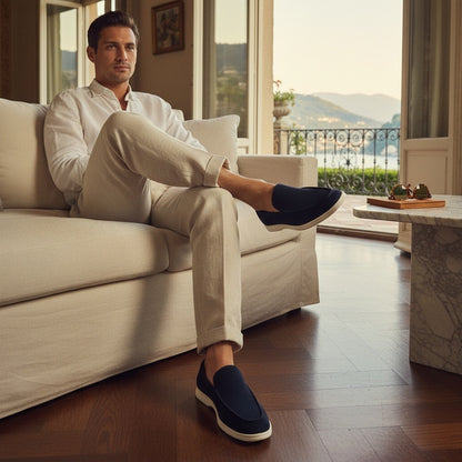 Mens Navy Suede Loafers - Navy - Angled Shot