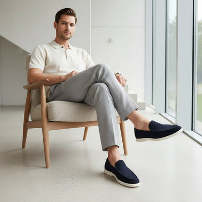 Mens Navy Suede Loafers - Navy - Side Profile