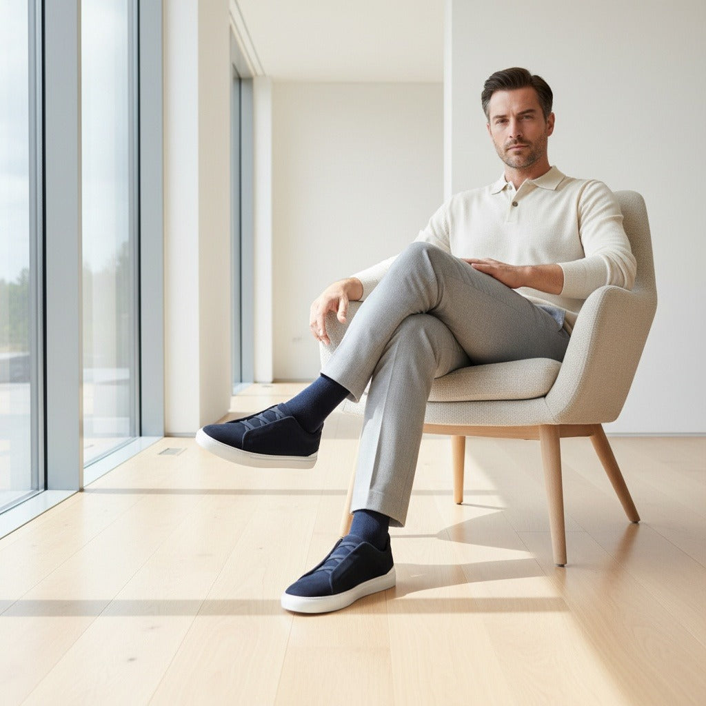 Mens Navy Suede Sneakers - Navy - Side Profile