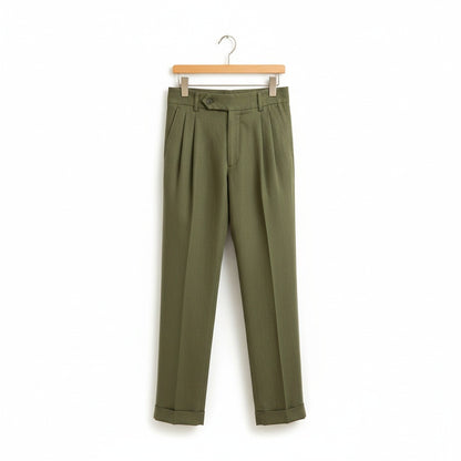 Mens Pleated Linen Trousers - Olive Green - Front View
