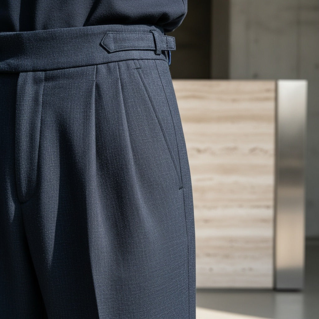 Mens Pleated Linen Trousers - Midnight Blue - Back View