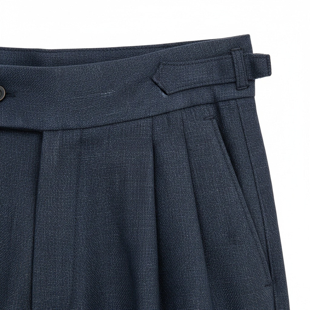 Mens Pleated Linen Trousers - Midnight Blue - Texture Close Up