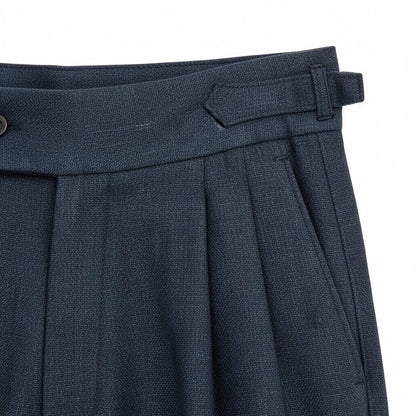 Mens Pleated Linen Trousers - Midnight Blue - Texture Close Up