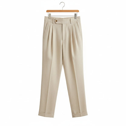 Mens Pleated Linen Trousers - Stone Beige - Front View