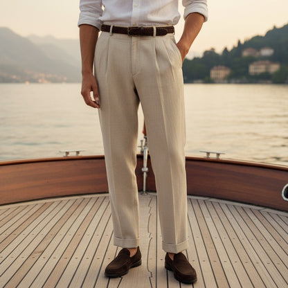 Mens Pleated Linen Trousers - Stone Beige - Angled Shot