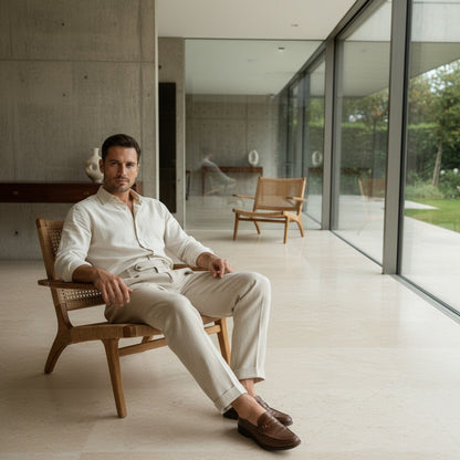 Mens Pleated Linen Trousers - Stone Beige - Side Profile