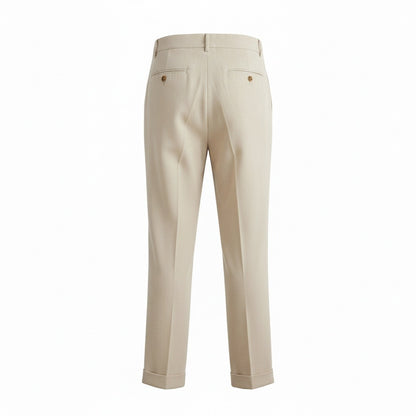 Mens Pleated Linen Trousers - Stone Beige - Fabric Detail
