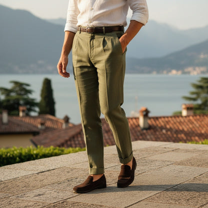 Mens Pleated Linen Trousers - Olive Green - Angled Shot
