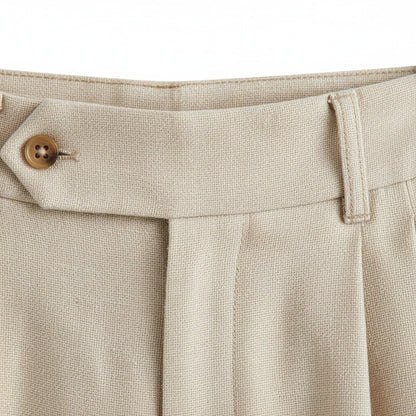 Mens Pleated Linen Trousers - Stone Beige - Texture Close Up
