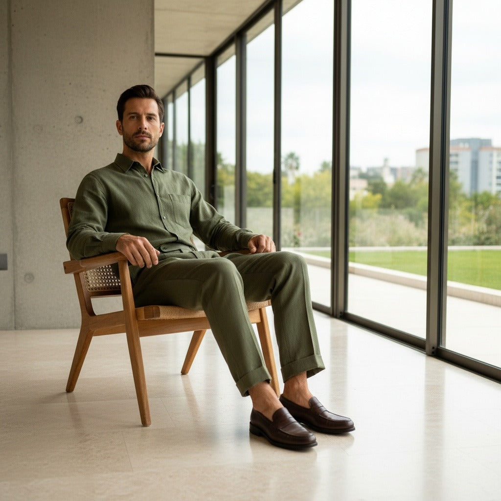 Mens Pleated Linen Trousers - Olive Green - Side Profile