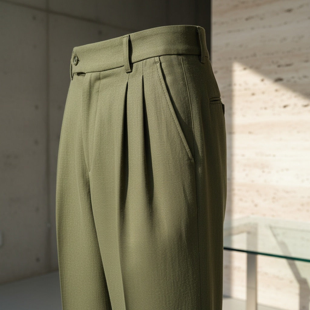 Mens Pleated Linen Trousers - Olive Green - Back View