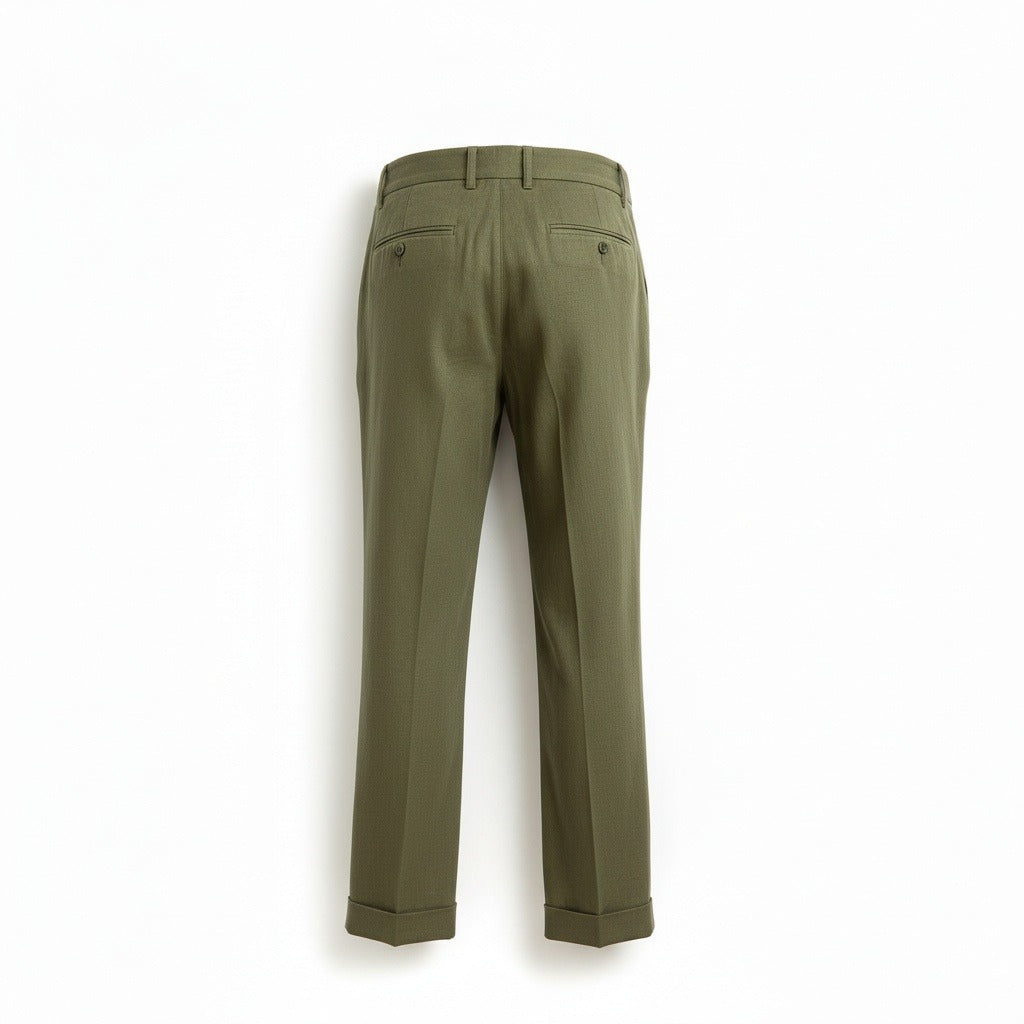 Mens Pleated Linen Trousers - Olive Green - Fabric Detail
