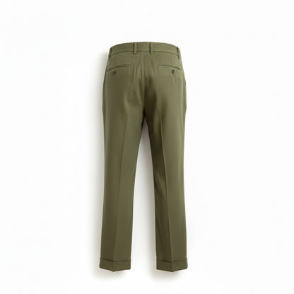 Mens Pleated Linen Trousers - Olive Green - Fabric Detail