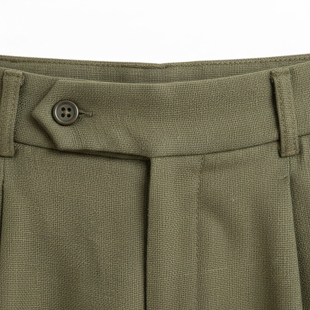 Mens Pleated Linen Trousers - Olive Green - Texture Close Up