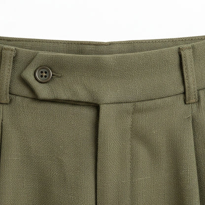 Mens Pleated Linen Trousers - Olive Green - Texture Close Up