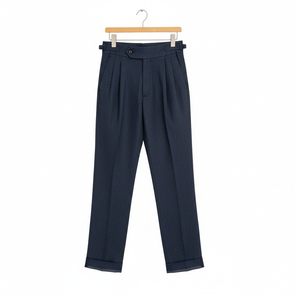Mens Pleated Linen Trousers - Midnight Blue - Front View