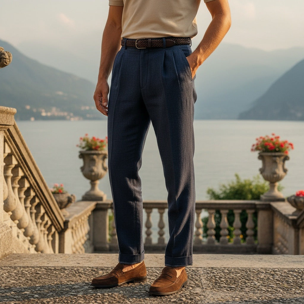 Mens Pleated Linen Trousers - Midnight Blue - Angled Shot